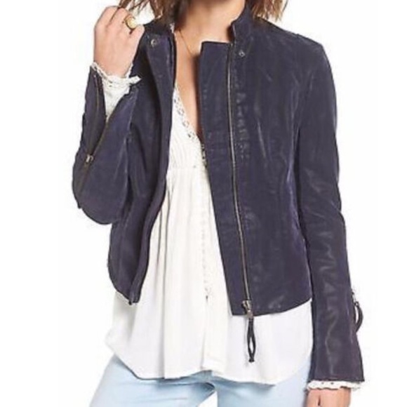 Free People Jackets & Blazers - Free People Cool & Clean Moto Jacket Vegan Faux-Suede Knit Side Panels in Navy